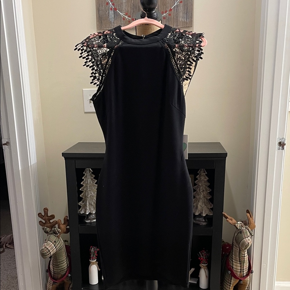 NEW  Iris Black Dress with Lace Shoulders